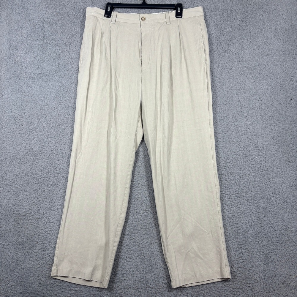 Tommy Bahama Pants Mens 36x30 Beige Silk Bamboo Herringbone Pleated Relaxed 2065